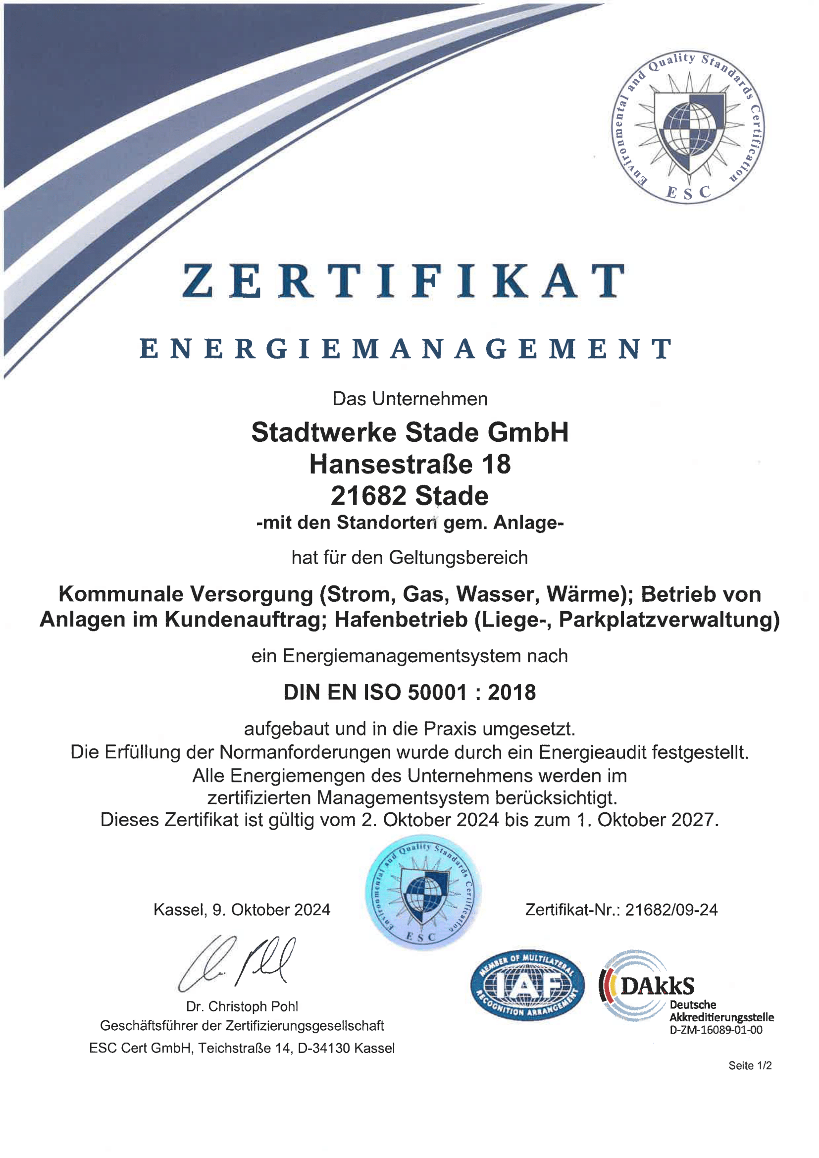 Zertifikat Energiemanagementsystem nach DIN EN ISO 50001 : 2018